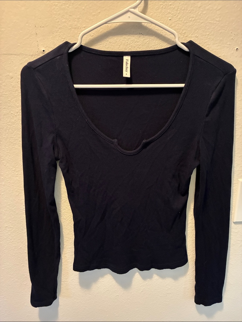 Navy Ribbed Long-Sleeve Scoop Neck Top